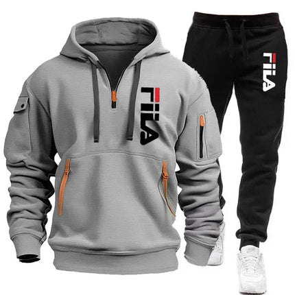 2026 Autumn and winter new men's multi pocket zipper hooded sports shirt+pants two-piece set, men's casual pullover sports set