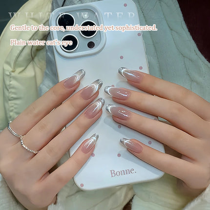 Icy Clear White Cat Eye Nail Polish Gel, French Porcelain White with Glitter and Glass Bead Outline, Cat Eye Nail Art Gel