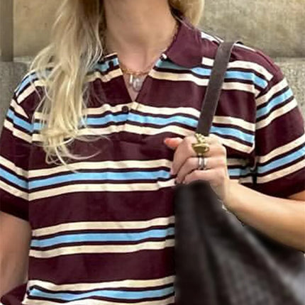 Women Summer Basic T-Shirt Casual Striped Print Lapel Short Sleeve Tops For Streetwear Aesthetic Grunge Clothes Hot Sale S-XL