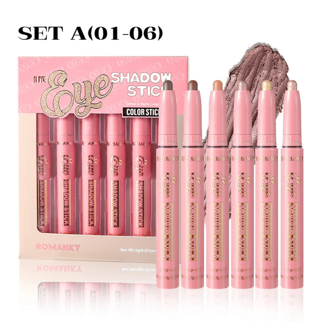 6Pcs Set Matte Effect Eyeshadow Stick   Natural and long-lasting Multi-purpose Shiny Metallic Matte Shimmer Highlighting Eyeline