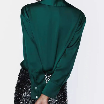 Classic Silk Satin Feel Shirt New Spring Collection Long Sleeve Polyester Fabric Women's Premium Fashion Regular Length