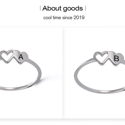 COOLTIME Initial Letter Ring for Women Stainless Steel A-Z Alphabet Double Heart Rings Fashion Wedding Anniversary Birthday Gift