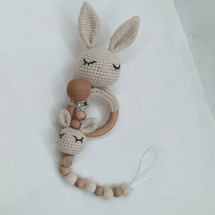 Baby Rattle Crochet Bear Teether Rattle With Bells Pacifier Chain Newborn Montessori Educational Toy Wooden Rings Baby Toys