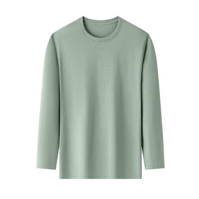 Men's Solid Color Round Neck Cotton Long Sleeved T-shirt Summer Comfortable Top