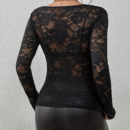 Women's Sexy Base Layer Shirt Solid Black Sheer Lace Top Slim Flower Scallop Trim V-Neck Long Sleeve T-shirt Trendy Tight Lace Top