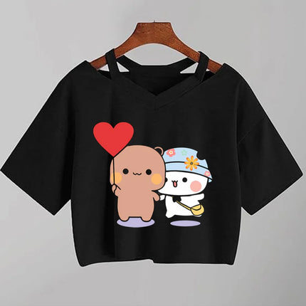 Kawaii Bubu Dudu Anime T Shirt Women Cartoon Panda Bear  Black Shirt Y2k  Aesthetic Female Crop Top