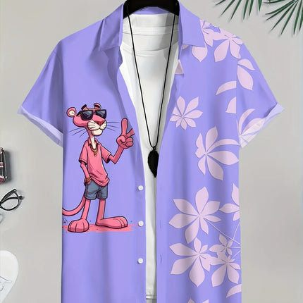 Cartoon Leopard Graphic Men Short Sleeve Lapel Shirt Tops Unisex Pink Button-Down Hawaiian Shirts Summer Daily Female Blouses
