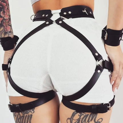 Sexy Women Leather Garter Belt Harness and Handcuffs Gothic Leg Harness Leather Accessories for Daily Couple Party Dating Use