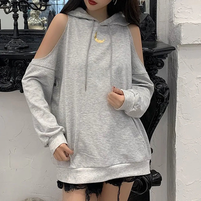 Y2k Womens Moon Print Hoodie Long Sleeve Pullover Off Shoulder Tops Blouse Korean Oversize Sweatshirt Sudadera Свитшот