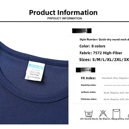 Men's Short Sleeve Sport T-shirt Quick Dry Running Blue Football Training Fitness Casual Wear Polyester Fiber round Neck T-shirt