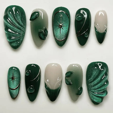 24Pcs Metallic Cat Eye French Sheer Manicure Tip Art Textured 3D Acrylic False Nails Nude Pink Almond Medium Press on Fake Nails