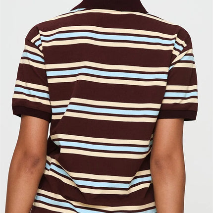 Women Summer Basic T-Shirt Casual Striped Print Lapel Short Sleeve Tops For Streetwear Aesthetic Grunge Clothes Hot Sale S-XL