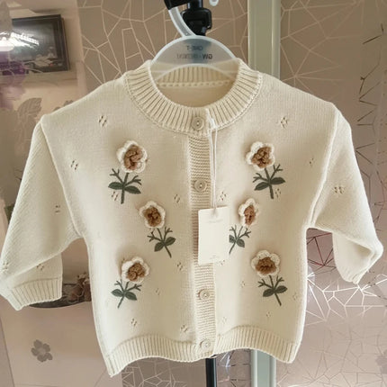 Infant Girl Knitting Cardigan Toddler Baby Girls Sweater Coat Autumn Hand Hook Three-Dimensional Flower Sweater Knitted Cardigan