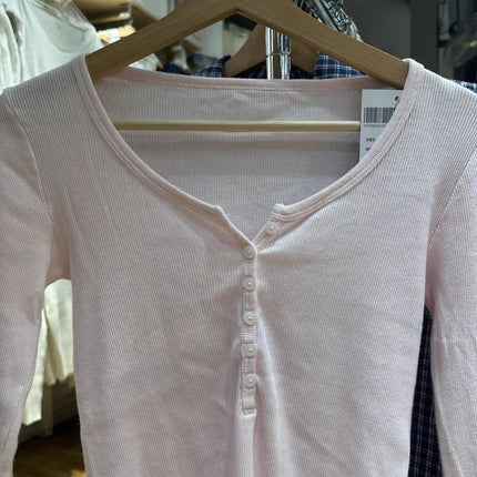 Six Buttons Ribbed Long Sleeve T-shirts Women Spring Round Neck Cotton Slim Tee Top Female Sweet Cute Pink Tshirt Y2k Tops New