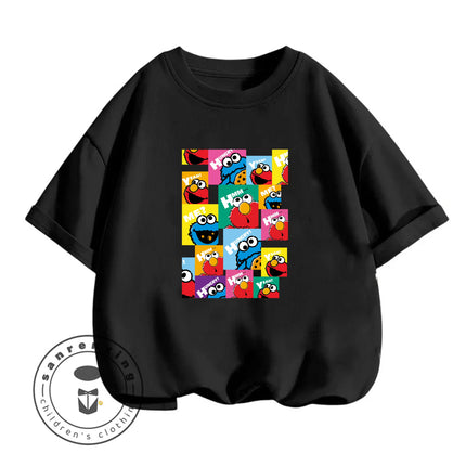 2026 Summer Cute Kawaii Sesame Street Crew Neck Tshirt 3-14Y Kids Boys Girls Cartoon Street Hot Fashion Outdoor Casual