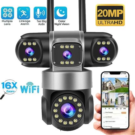 16X ZOOM WiFi Camera 20MP Four Lens Outdoor 6K 12MP IP66 Waterproof Night Vision Two-Way Intercom CCTV Video Surveillance
