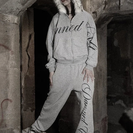Y2K Retro Gothic Fur Collar Zipper Hoodie Women Trendy Brand Clothing Suit Harajuku Fashion Loose Oversized Sweatpants Men