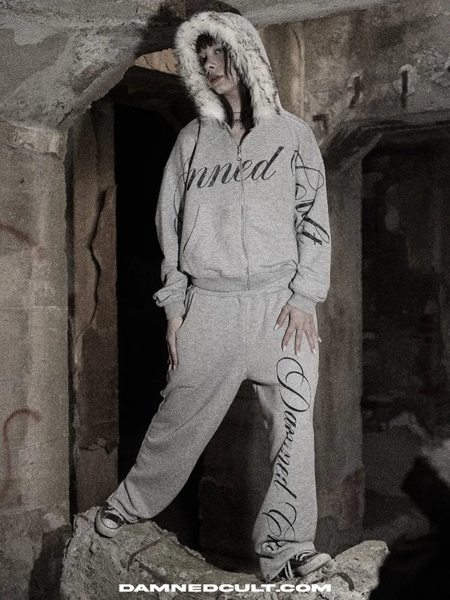 Y2K Retro Gothic Fur Collar Zipper Hoodie Women Trendy Brand Clothing Suit Harajuku Fashion Loose Oversized Sweatpants Men