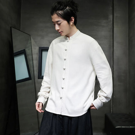 Men Long Sleeve Casual Shirt New Arrival 2026 Spring Chinese Style Vintage Mandarin Collar Loose Male KungFu Tops Shirts N056