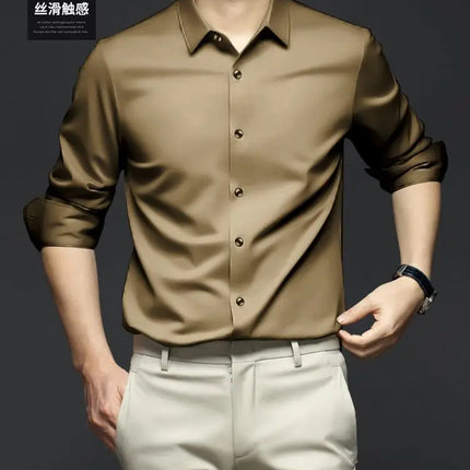 S-6XL Men's Long Sleeve Shirt Luxury Wrinkle Resistant Pure White Shirt Business Dress Casual Ice Silk Glossy Shirt