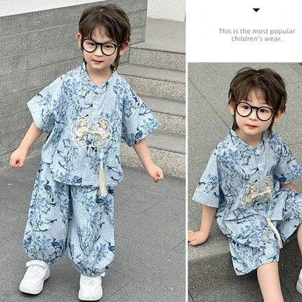 Short Sleeve Tops Shorts 2 Piece Set Boy Outfit Casual Kids Clothes Baby Tang Hanfu Suit Boys Costume Children's Sets Summer