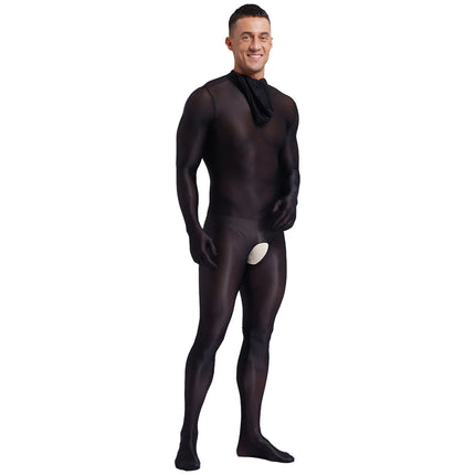 Men's Glossy Bodystocking Full Body Suit See-though Stretch Nylon One Piece Overall Catsuit with Head Mask Underwear Clubwear