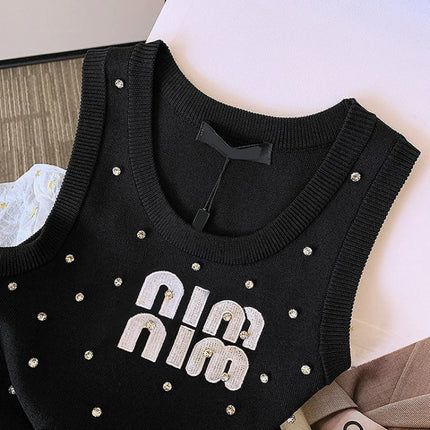 Summer Sexy Sleeveless Vest Women Korean Fashion Inlay Diamond Luxury Designer Slim Fit Knitted Tank Tops Women Camis Clothes