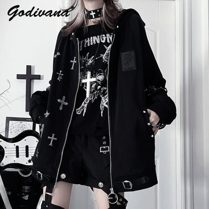 Original Gothic Cross Printed Loose Hoodie Jacket New Spring Women's Subculture Cool Rivet Drapey Zipper Coat Outwear