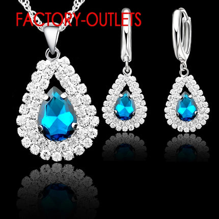Hot Sale Genuine 925 Sterling Silver Bridal Jewelry Sets Shiny Crystal Water Drop Necklaces Hoop Earrings Women Party Engagement