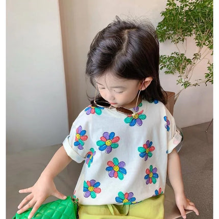 1pcs Summer Kids Flower Print Tops Clothes Girls Korean Style Shirt Children Short Sleeve T-shirts Child Casual Comfort T Shirs
