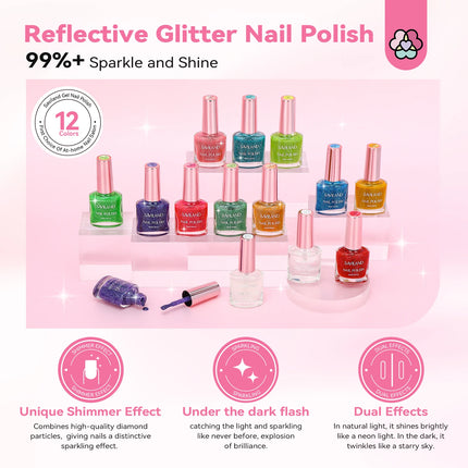 SAVILAND 12 Color Glitter Nail Polish Set Air Quick Dry Non Gel with Base Top Coat Holographic Shimmer Lacquer for Manicure