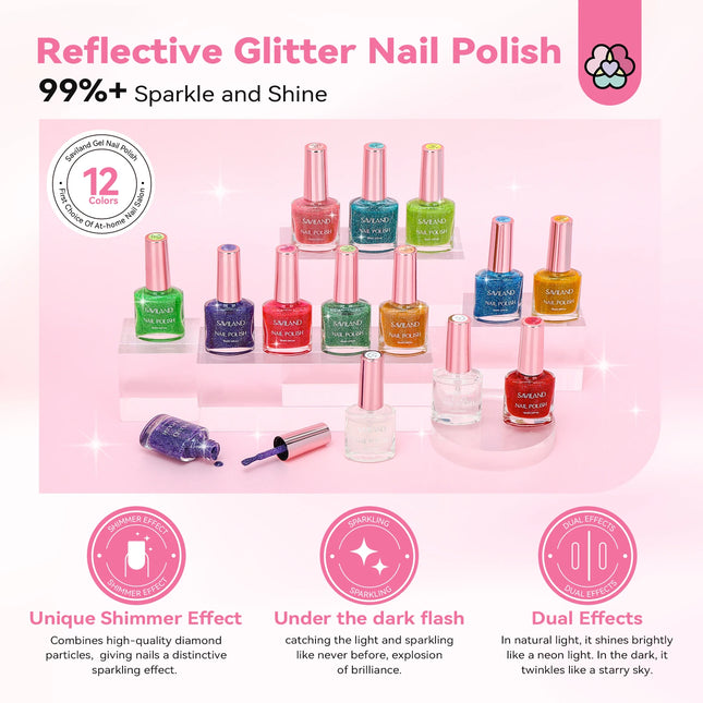 SAVILAND 12 Color Glitter Nail Polish Set Air Quick Dry Non Gel with Base Top Coat Holographic Shimmer Lacquer for Manicure