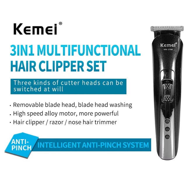 Kemei KM-1506 3-in-1 Electric Hair Clipper USB Charging Shaver Rechargeable Nose Hair Trimmer Professional Shaving Machine