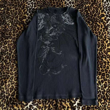 Y2K Hottie Grunge Cyber Mall Goth Thermal T-shirt Skulls Graphic Printed Long Sleeve Pullover Tops Women Vintage Aesthetic Tees