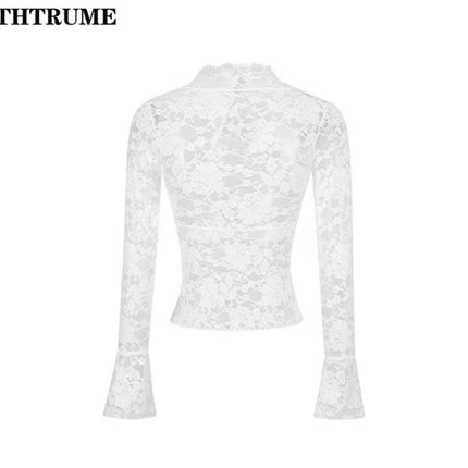 Sexy V-Neck Sheer T-Shirts Fashion Women Flare Long Sleeve Spring Lace Slim Pullovers Tops Casual Evening Party Club Chic Tees
