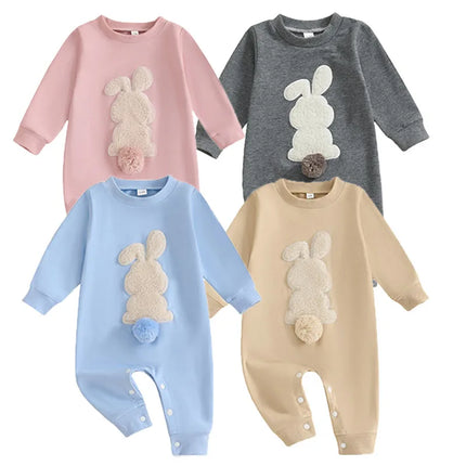 Spring Infant Rompers Girls Boys Plush Bunny Embroidery Long Sleeve Cotton Jumpsuits Clothes Easter Party Rabbits Baby Bodysuits