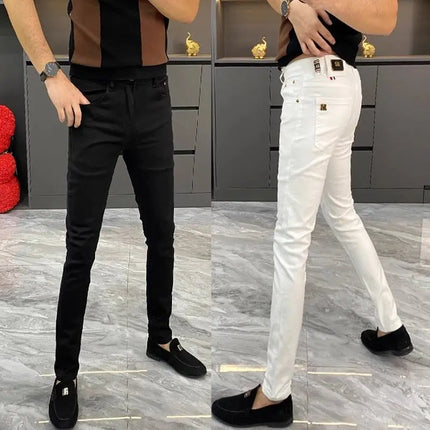 White Jeans Men's European Goods 2025 Summer New Fashion Motorcycle Boots Simple Slim Fit Elastic Versatile Small Feet Trousers