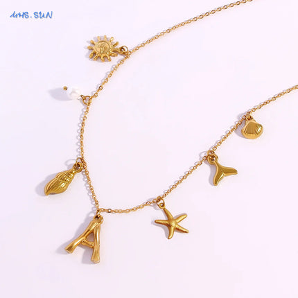 MHS.SUN Starfish Shell Initial Necklace Waterproof 18K Gold Plated Stainless Steel Charm Necklaces Surfer Girl Summer Beach Gift