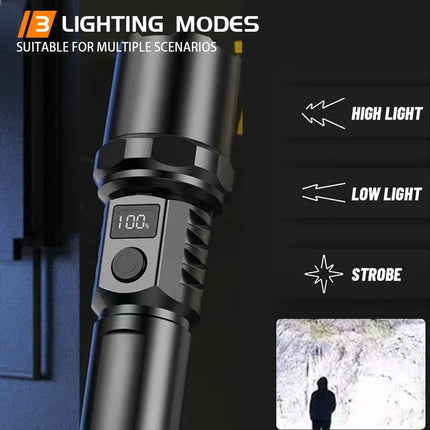 10000LM High Power LED Flashlight Long-range USB C Rechargeable Flashlight Power Display Zoom Lantern For Outdoor Camping Torch