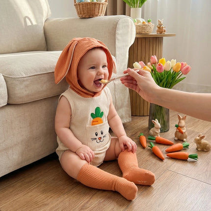 FOCUSNORM 0-18M Lovely Baby Boys Girls Easter Romper Bunny Carrot Embroidery Pocket Sleeveless Hood Jumpsuits Socks