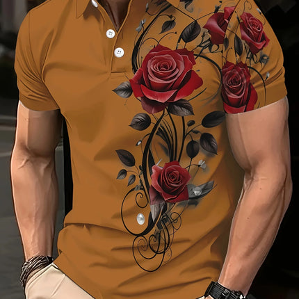 Men's Fashion Shirt Printed Design Short Sleeved Shirt,Casual Short Sleeved Shirt -Bright BlueRed Rose and Black Leaf Full Print