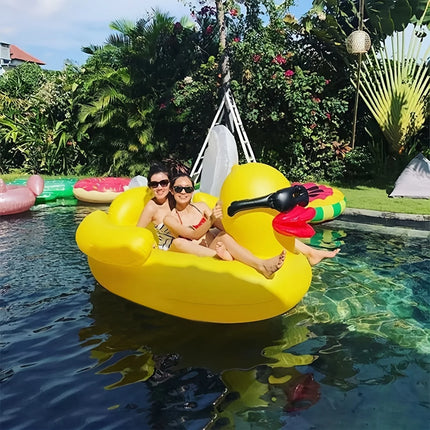 1pc Big Yellow Duck Floating Raft, PVC Inflatable Water Toy With Two Beverage Holders，party，family，pool