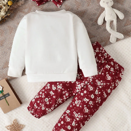 Spring And Autumn Baby Girl Rabbit Print Bow Front Pullover & Floral Print Pants & Headband