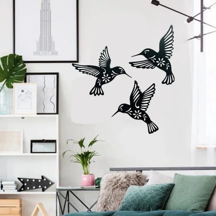 3Pcs/Set Black Metal Hummingbird Wall Decor Hollow Out Iron Art Bird Sculpture Ornament Waterproof Hanging Figurines