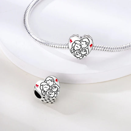 Original 925 Sterling Silver Charm Beads Love Heart Family Charms Pendant Fit Bracelet Charm Women DIY Jewelry Gift
