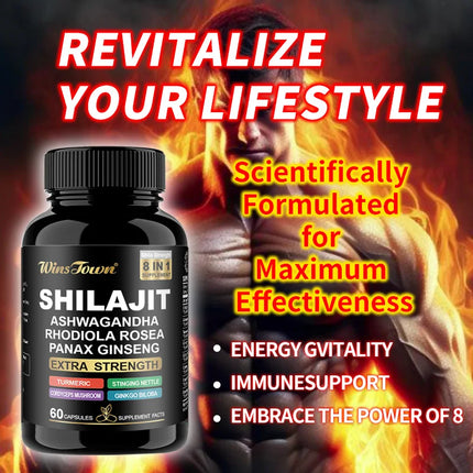 Shilajit Supplement, 8 in 1 Himalayan Shilajit Capsules for Men Women with Ashwagandha, Rhodiola Rosea, Panax, Ginseng 60 Count