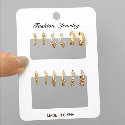6Pcs/set Stainless Steel Crystal Zirconia Hoop Earring for Women Metal Circle Geometric Cartilage Piercing Earrings Set Jewelry