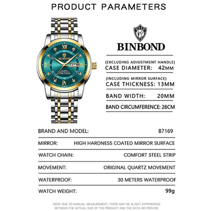 BINBOND Luxury Men Quartz Watch Waterproof Date Week Luminous Wristwatch Stainless Steel Men's Watches Male Clock Sports Reloj