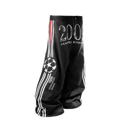 Casual American Street Retro Print Side Stripes Spliced Letter Hip-hop Plush Loose Sweatpants Drawstring Sports Vintage Pants