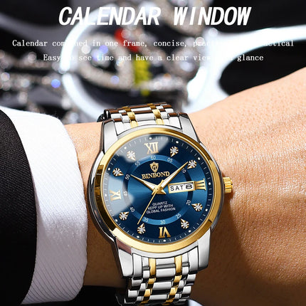 BINBOND Luxury Men Quartz Watch Waterproof Date Week Luminous Wristwatch Stainless Steel Men's Watches Male Clock Sports Reloj
